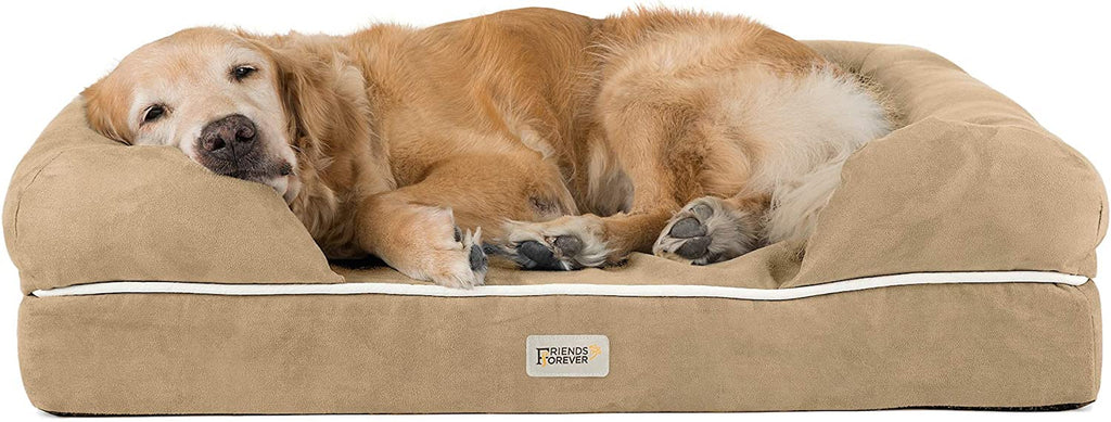 Friends Forever X-Large Dog Bed, Orthopedic Dog Sofa Memory Foam Mattress, Calming Dog Couch Bed, Wall Rim Pillow, Water Resistant Liner, Washable Cover, Non-Slip Bottom, Chester, X-Large Khaki Beige