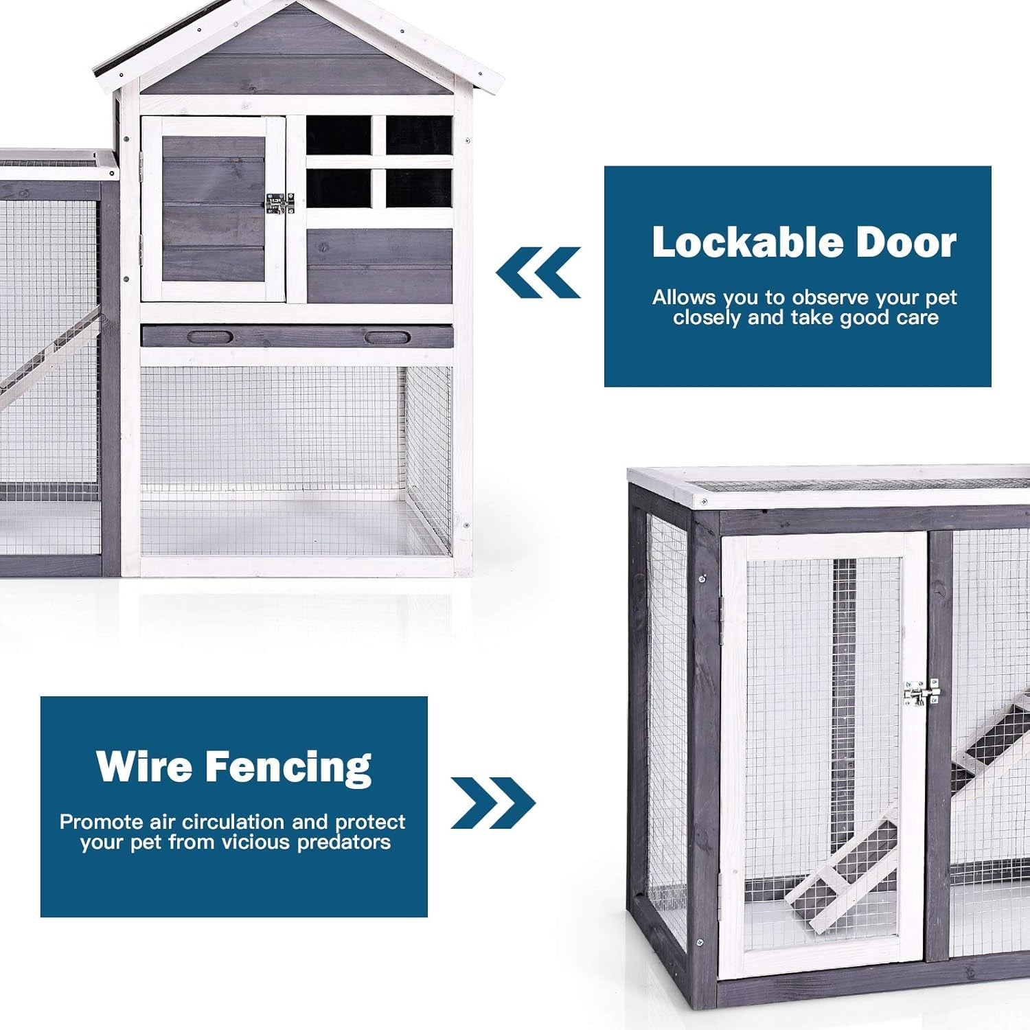 Rabbit Hutch, Indoor Outdoor Bunny Cage with Run, Wooden Rabbit Cage with Waterproof Roof & Pull Out Tray, Chicken Coop Pet House for Rabbits, Chicken and Guinea Pigs (Gray)