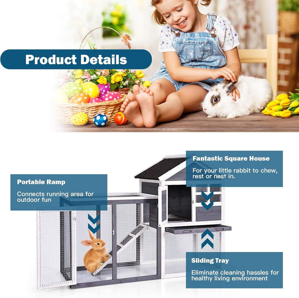 Rabbit Hutch, Indoor Outdoor Bunny Cage with Run, Wooden Rabbit Cage with Waterproof Roof & Pull Out Tray, Chicken Coop Pet House for Rabbits, Chicken and Guinea Pigs (Gray)