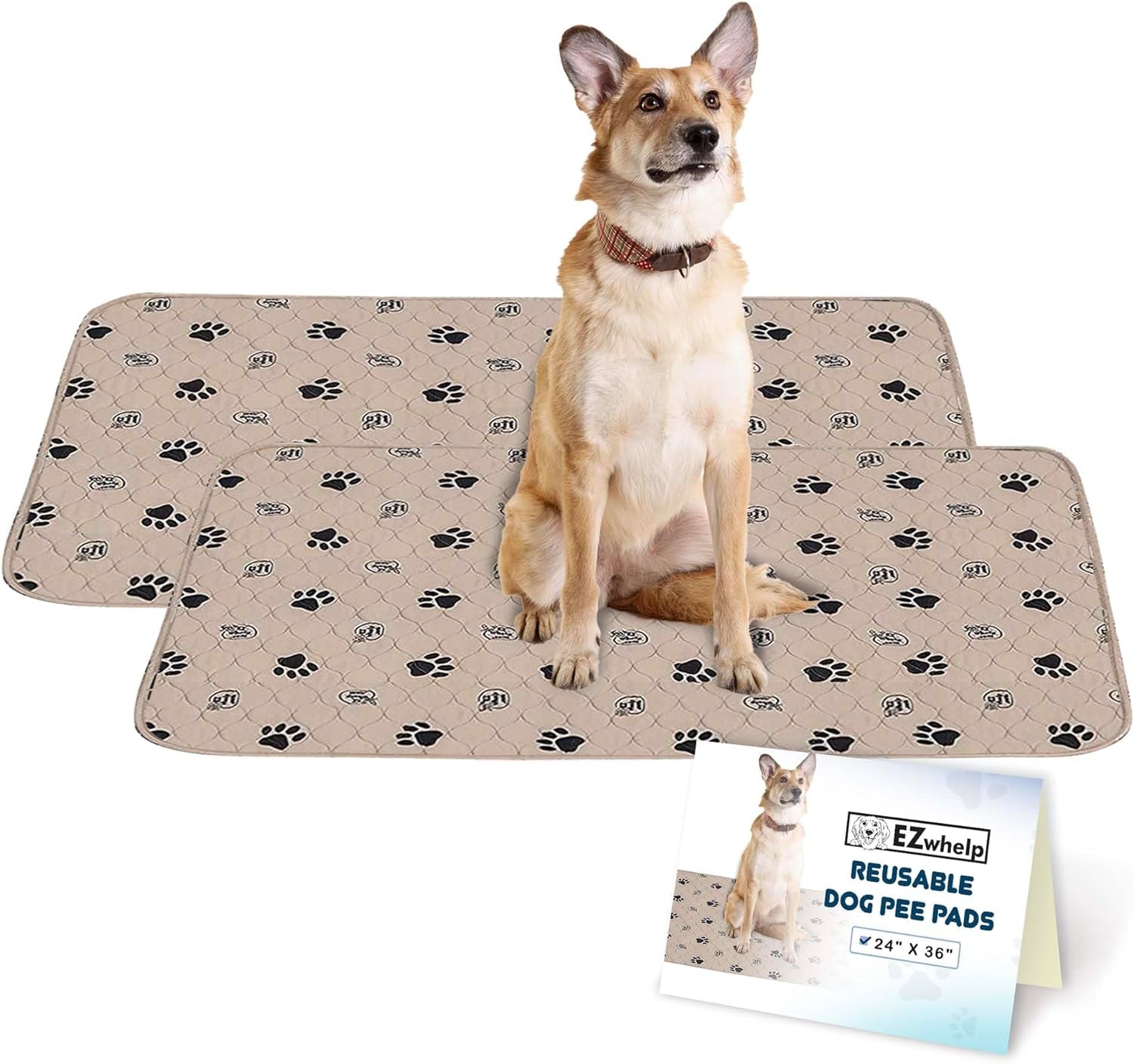 Ezwhelp Reusable Dog Pee Pads, Washable Waterproof Mats for Potty Training or Whelping Pads, Puppy Pad with Rounded Corners, 24X36 Inch, 2 Pack