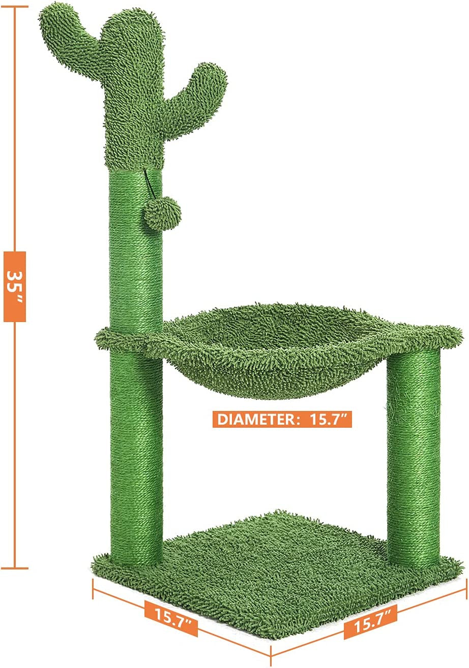 Catinsider 35 Inches Cactus Cat Tree with Hammock and Full Wrapped Sisal Scratching Post for Cats Green Large