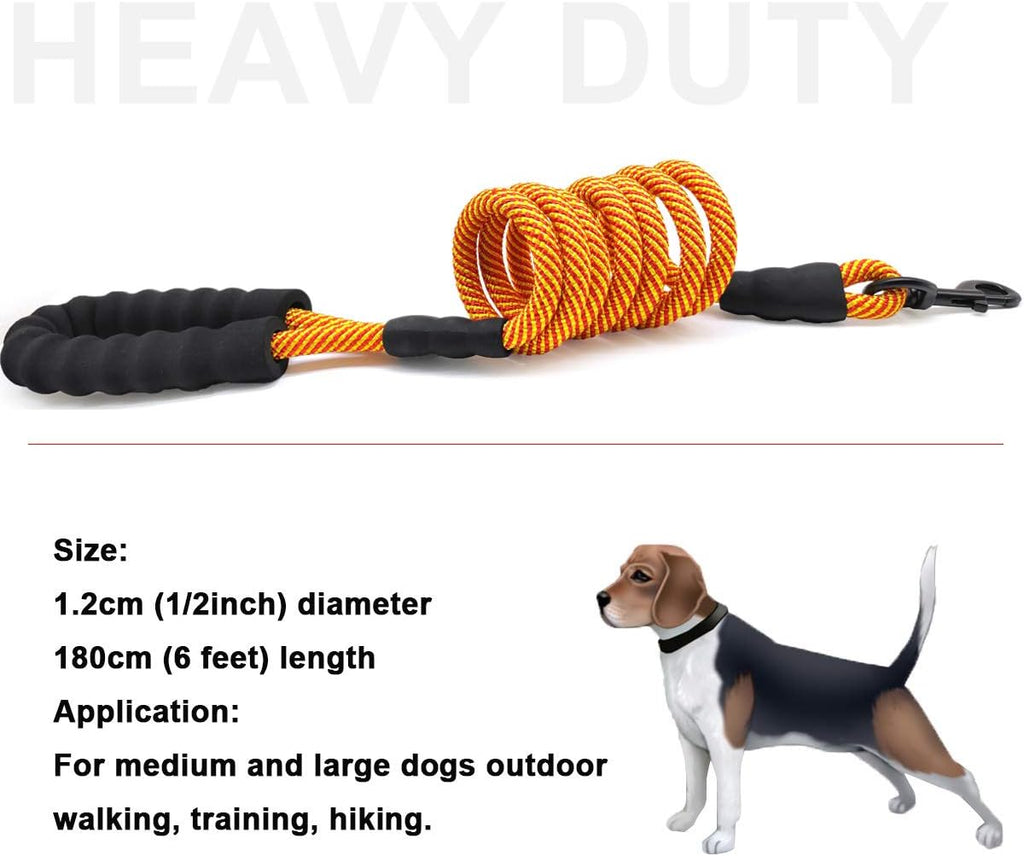 Heavy Duty Rope Dog Leash, 6/8/10FT Nylon Pet Leash, Soft Padded Handle Thick Lead Leashes for Large Medium Dogs (Orange, 1/2" * 6')