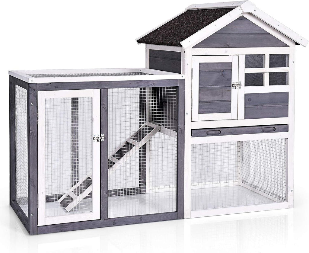 Rabbit Hutch, Indoor Outdoor Bunny Cage with Run, Wooden Rabbit Cage with Waterproof Roof & Pull Out Tray, Chicken Coop Pet House for Rabbits, Chicken and Guinea Pigs (Gray)
