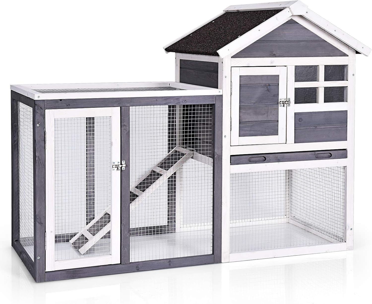 Rabbit Hutch, Indoor Outdoor Bunny Cage with Run, Wooden Rabbit Cage with Waterproof Roof & Pull Out Tray, Chicken Coop Pet House for Rabbits, Chicken and Guinea Pigs (Gray)