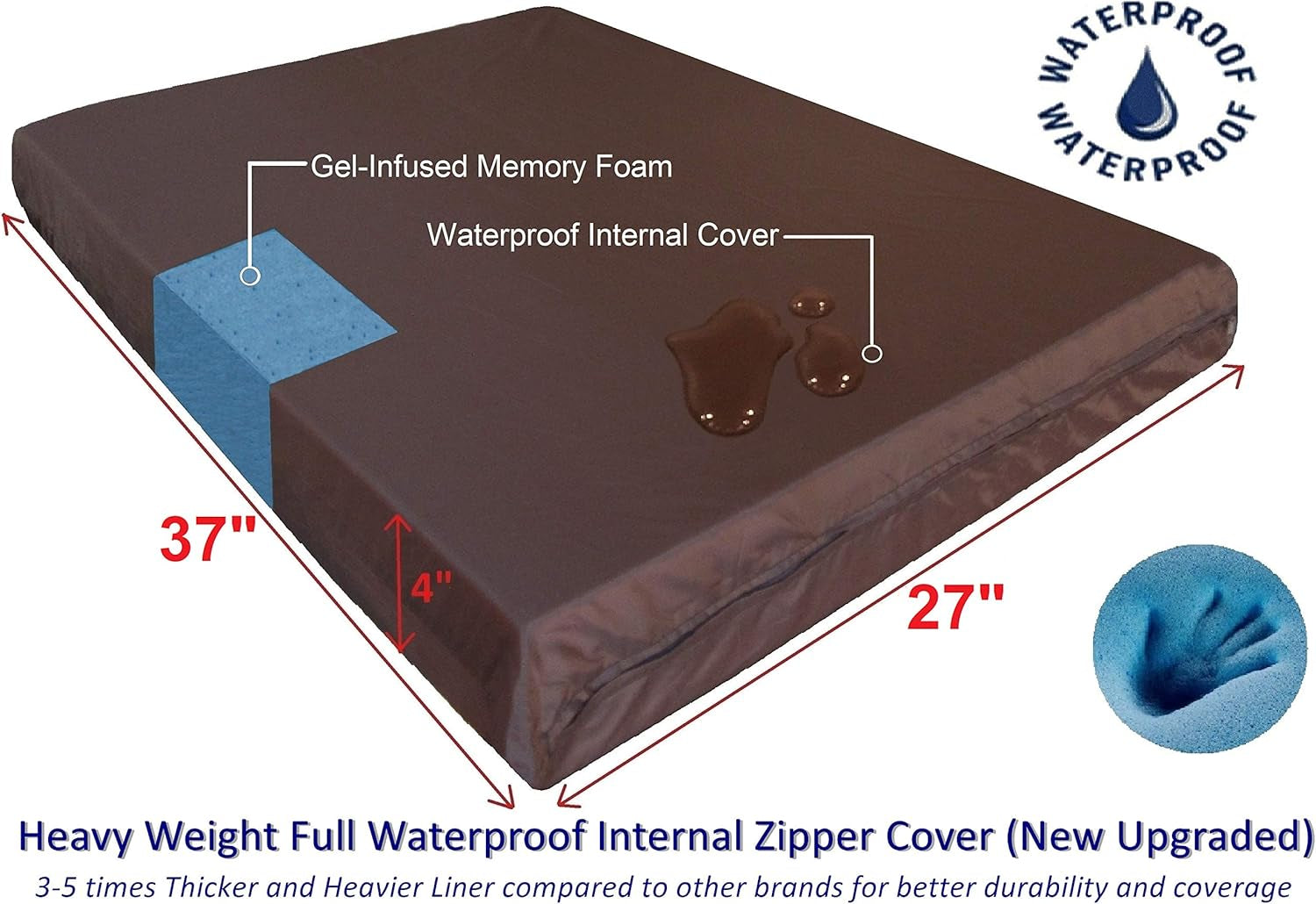Dogbed4Less Waterproof Memory Foam Dog Bed for Medium Dogs with Washable Cover and Extra Pet Bed Case 37X27X4 Inch, Brown